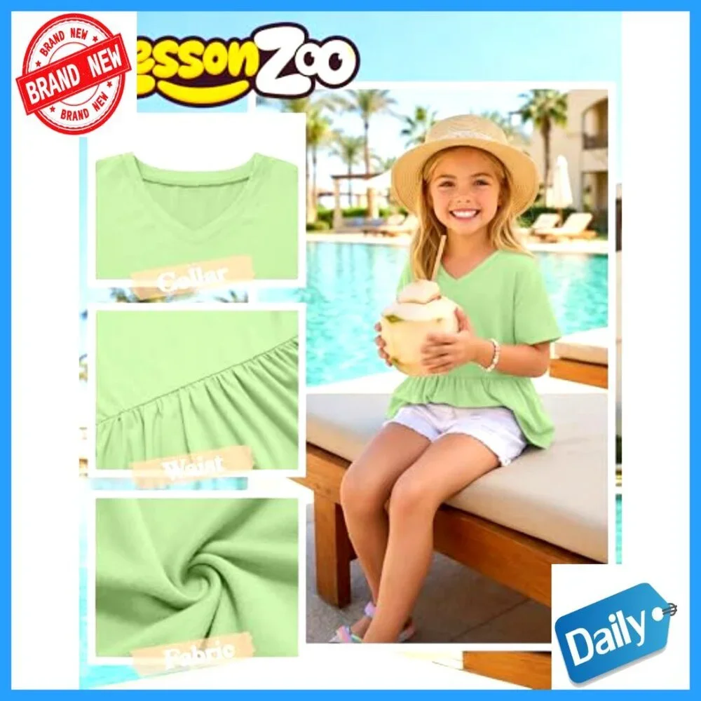 Girl's Peplum Babydoll Tunic Tees 3 Pack Short Sleeve V Neck Ruffle Hem